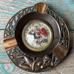 Art Nouveau Ashtray 4.75" Nude Lady Copper Flower Ornate Sea Life Glass READ‎